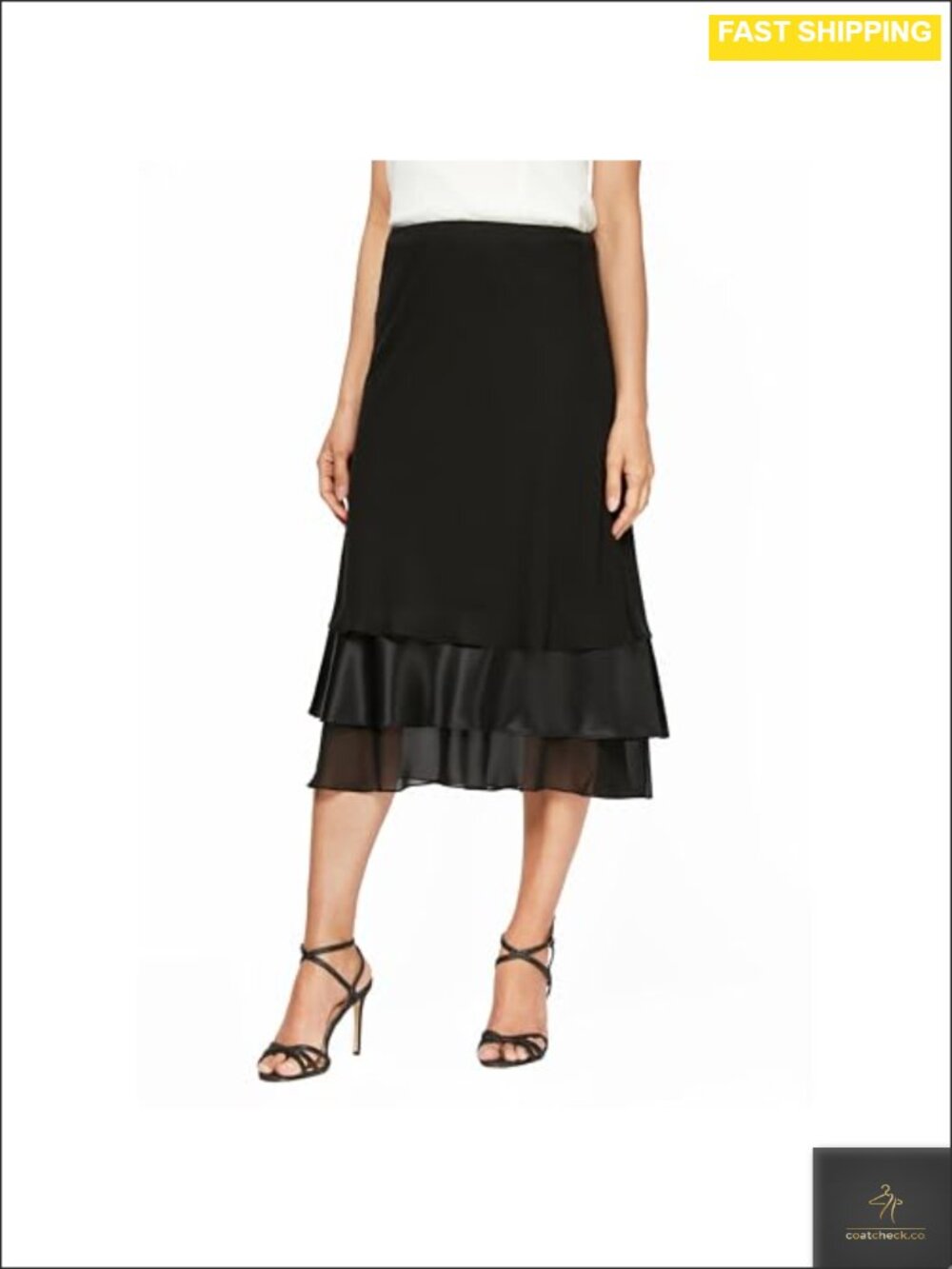 Midi Formal Skirt Chiffon Satin Tiered Pull On Elastic Waist